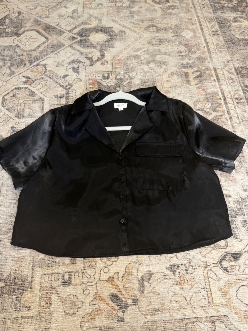 Le Lis Black Sheer Crop Camp Collar Shirt